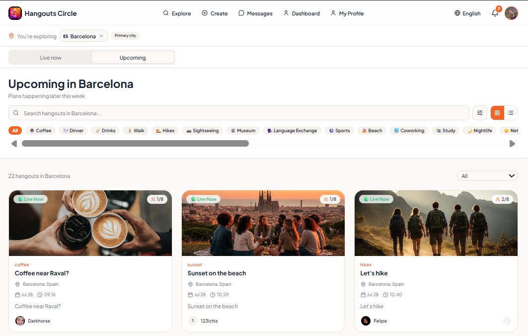 Hangouts Circle showing spontaneous hangouts in Barcelona including coffee meetups, sunset gatherings and hiking activities.